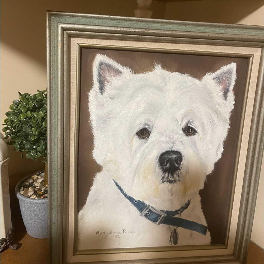Westie painting 14.5”Wx18”H approx. Painted in 1992. Quality canvas and framing.